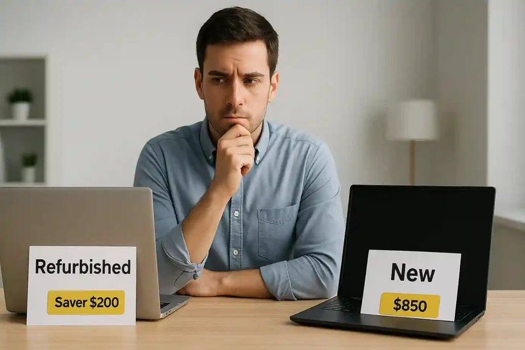 A young professional comparing a refurbished laptop with a new one, highlighting savings vs full price.