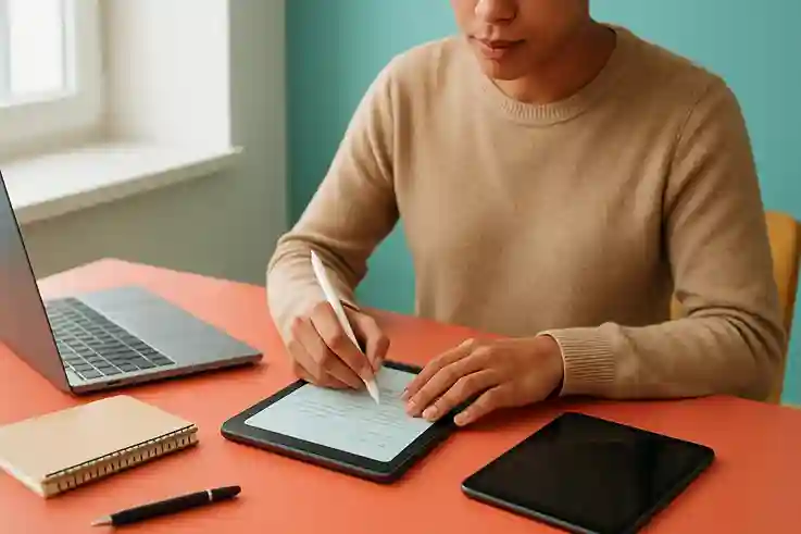 Digital Notepads and Smart Pens in Use A student using a digital notepad and smart pen, one of the best study gadgets, at a modern, organized study desk.