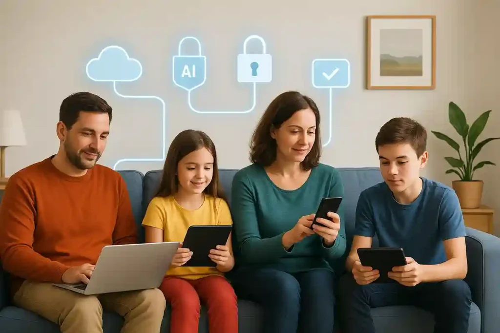 Family and workplace connected through secure digital network, representing online safety, data protection, and digital resilience.