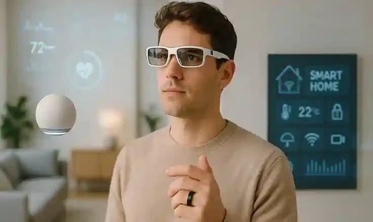 Person interacting with futuristic digital devices and holographic smart home controls