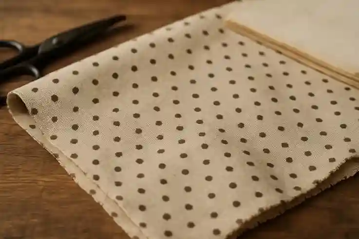 Close-up of 19th-century dotted fabric on a wooden table with minimal props.