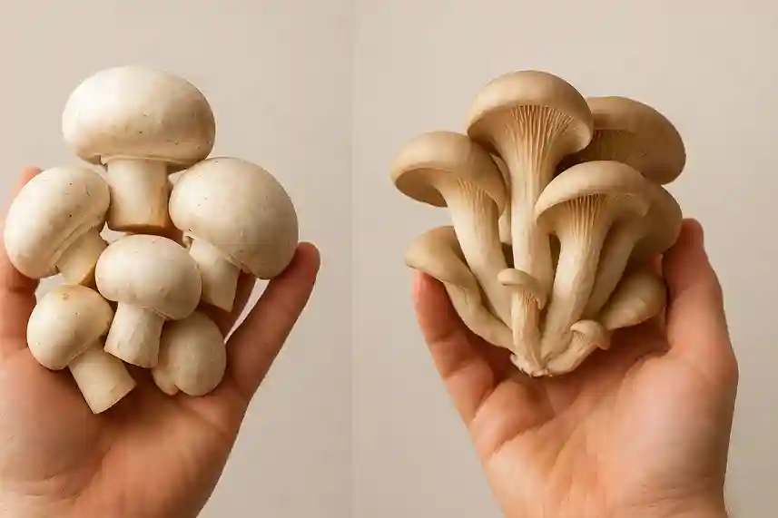 Easy Mushroom Varieties for Beginners – Button and Oyster Split image: left hand holding button mushrooms, right hand holding oyster mushrooms