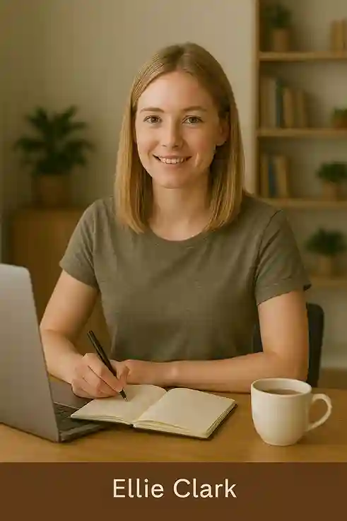 Ellie-Clark a blog author, sitting at a desk with a laptop, notebook, and coffee.