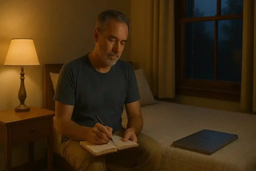 Embracing Spiritual Wellness Habits for Restful Sleep and Calm Middle-aged man meditating peacefully in a cozy bedroom at dusk, with phone and laptop turned off nearby, symbolizing spiritual wellness habits and restful sleep.