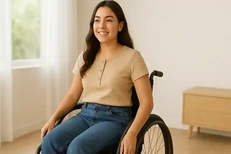 Empowered Style Adaptive Fashion for College Students College student in a wheelchair wearing adaptive jeans with side openings and a stylish top with magnetic fasteners, indoors with natural light.
