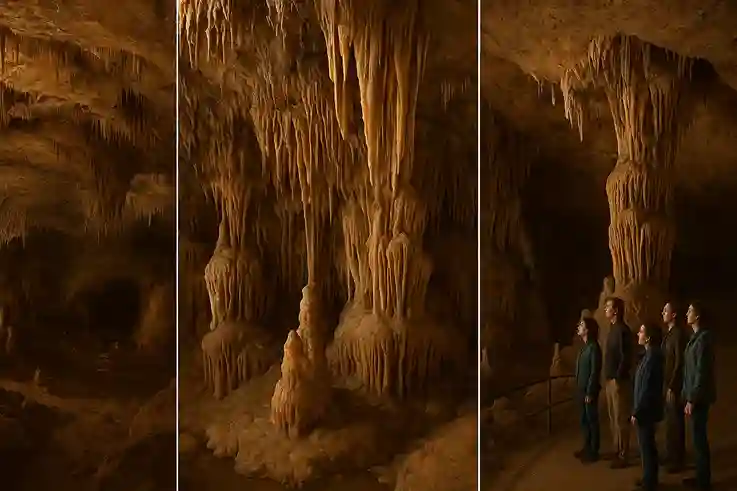 Split image of Lehman Caves in Great Basin National Park showing a grand cavern chamber, intricate stalactites and flowstone, and visitors on a guided tour