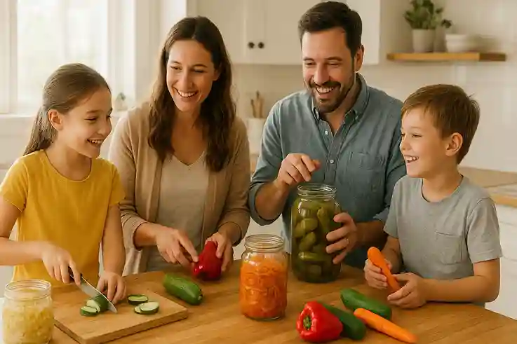 Family Fermentation Fun Family preparing homemade fermented foods like kimchi, pickles, and kombucha in a bright kitchen.