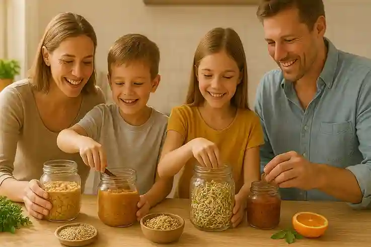 Family Protein Fermentation Fun Family making protein-rich fermented legumes and grains like tempeh, miso, and sprouted beans together.