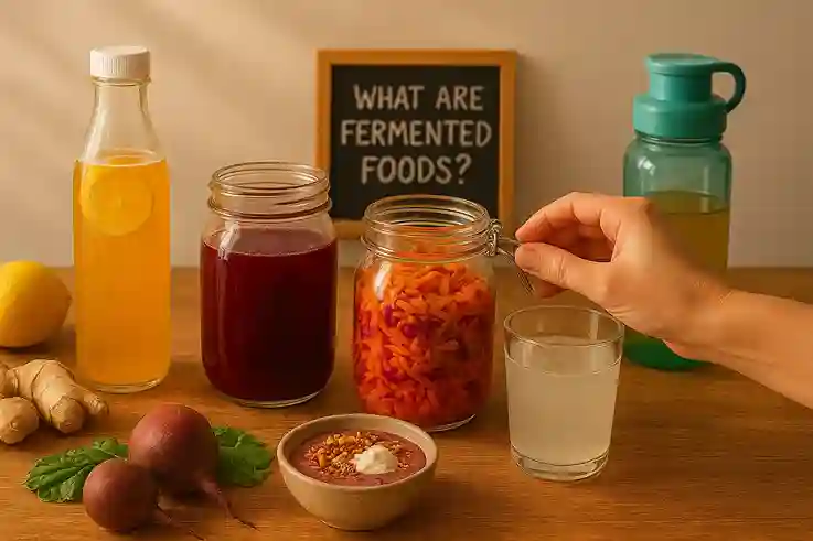 Sunlit assortment of energizing fermented foods like kombucha, beet kvass, and ginger sauerkraut alongside fresh veggies and a smoothie bowl, symbolizing natural vitality and gut-healthy energy