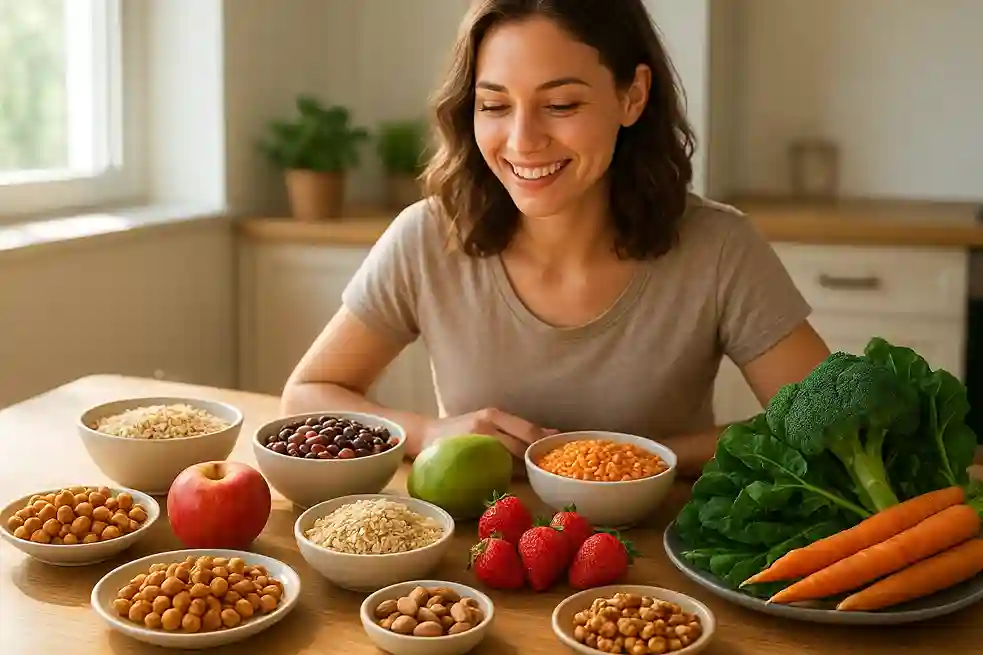 A young woman in her late 20s smiling behind a kitchen table filled with colorful fiber rich foods like fruits, vegetables, legumes, and whole grains.