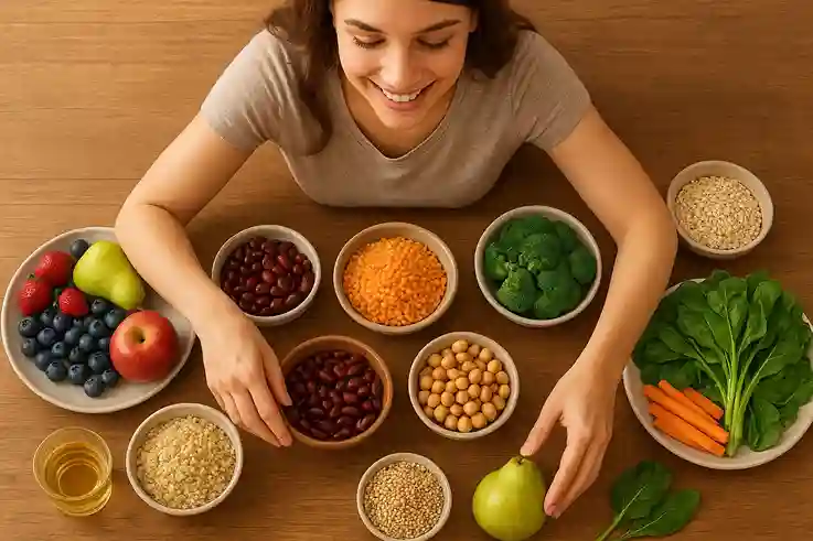 A smiling woman in her late 20s arranging a colorful spread of fiber rich foods, including legumes, fruits, vegetables, and whole grains, promoting gut health.