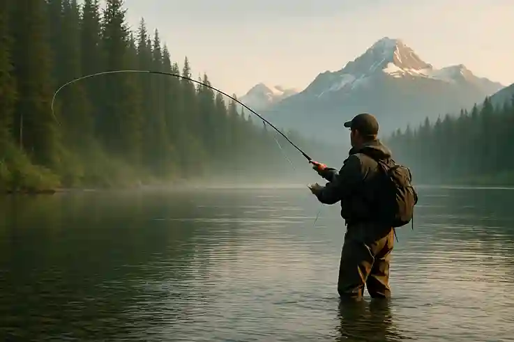 Fly Fishing Serenity on Remote Alaska Fishing Trips Solitary fly fisher standing in a scenic Alaskan river surrounded by wilderness, showcasing the serene experience of Alaska fishing trips.