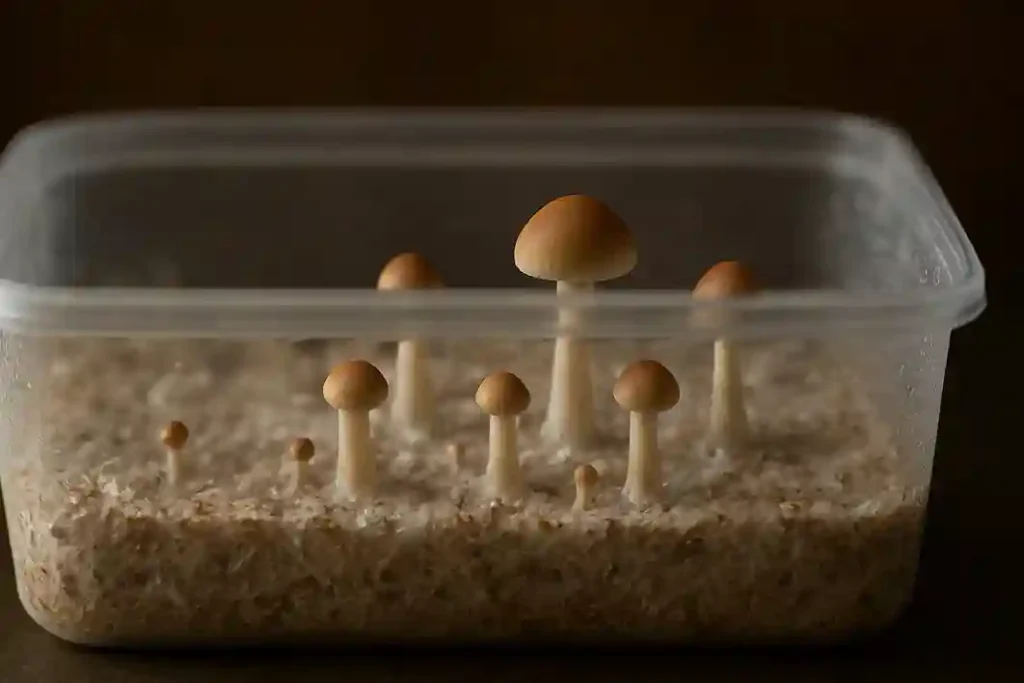 Fruiting and Mushroom Sprouting Stage Small mushrooms sprouting from colonized substrate in a controlled indoor setup
