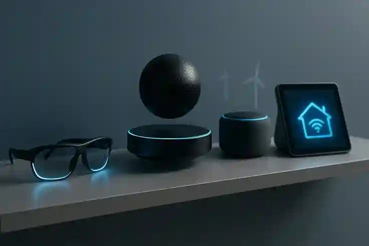 Futuristic Home Gadgets on Display Shelf Close-up of futuristic gadgets glowing on a modern shelf, including AR glasses, a levitating Bluetooth speaker, and smart home devices