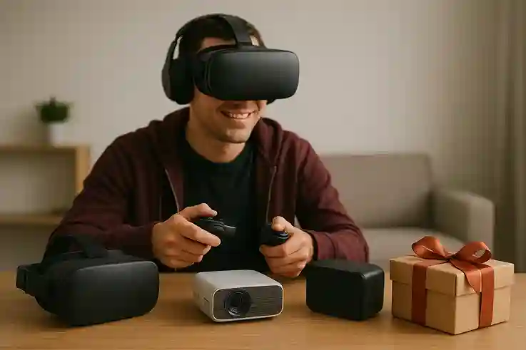 Gaming and Entertainment Gadgets as Tech Gifts for Men VR headset, projector, and audio system on a table with a gift box and a gamer seated behind, showing immersive tech gifts for men.