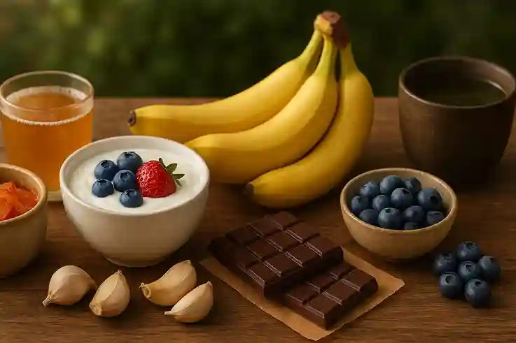 Rustic wooden table with gut-healthy foods including kimchi, yogurt topped with berries, bananas, garlic, dark chocolate, blueberries, green tea, and kombucha in natural morning light