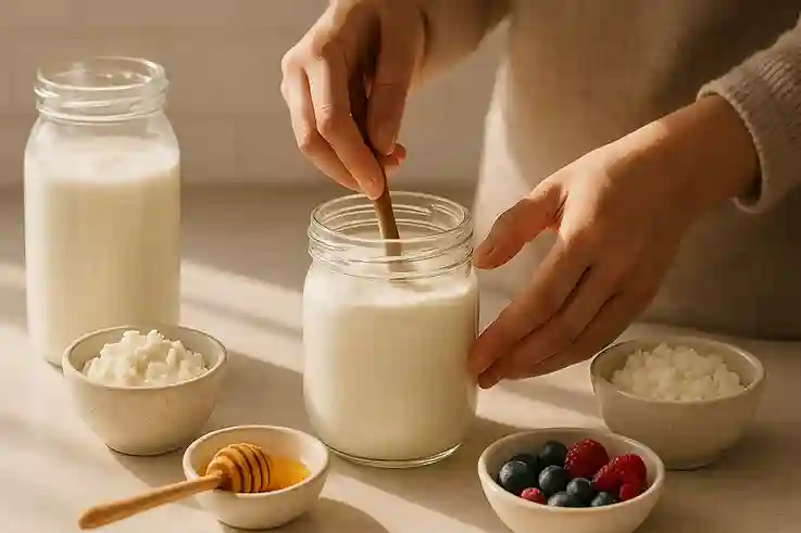 Hands-On Dairy Fermentation Hands stirring homemade yogurt with jars of kefir and soft cheeses on a kitchen counter.