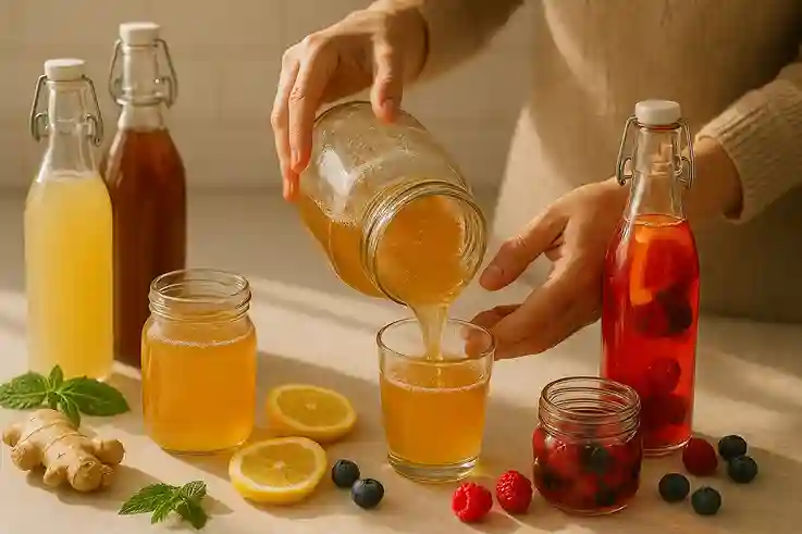 Hands-On Fermented Drinks Hands pouring homemade kombucha with jars of ginger beer and kvass on a kitchen counter.
