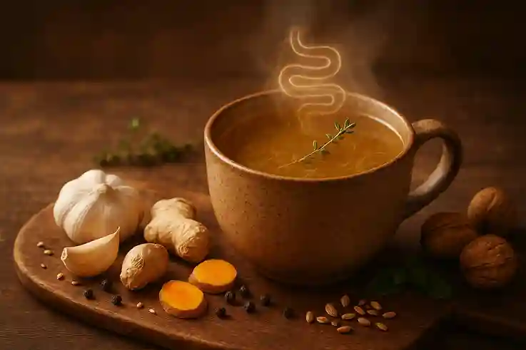 Close-up of steaming homemade bone broth in a rustic ceramic mug with herbs, garlic, ginger, turmeric, and peppercorns on a wooden board.