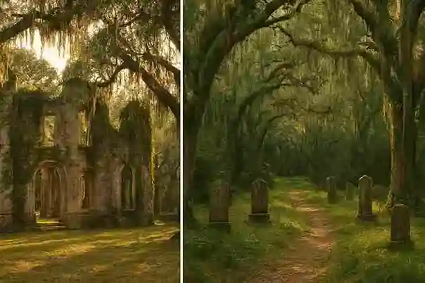 Split-screen view of Cumberland Island showing Dungeness Mansion ruins and a moss-covered cemetery reflecting Spanish and Indigenous history.