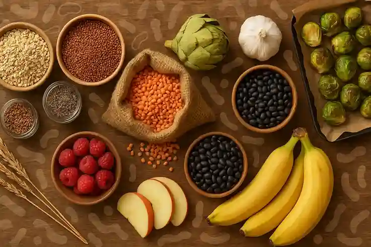 Flat-lay of high-fiber prebiotic foods on a wooden table, including oats, quinoa, lentils, black beans, chickpeas, raspberries, sliced apples, bananas, chia, flax, pumpkin seeds, Brussels sprouts, artichoke, and garlic, with subtle microbiome pattern overlay.