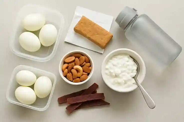 Top-down image of high protein grab-and-go snacks including boiled eggs, a protein bar, roasted nuts, cottage cheese, beef jerky, and a reusable water bottle on a clean table.