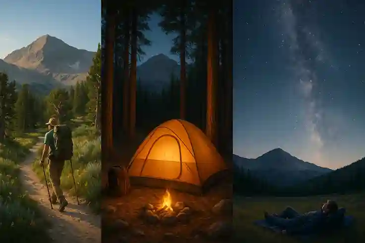 Split image of Great Basin National Park adventures: a hiker on an alpine trail with Wheeler Peak, a glowing campsite among tall pines, and a stargazer beneath the Milky Way.