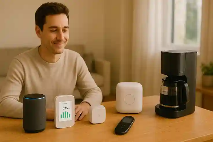 A variety of AI gadgets displayed on a table showing how they improve daily life.