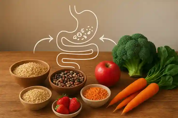 A variety of fiber rich foods on a wooden table with visual cues showing digestion and gut health benefits.