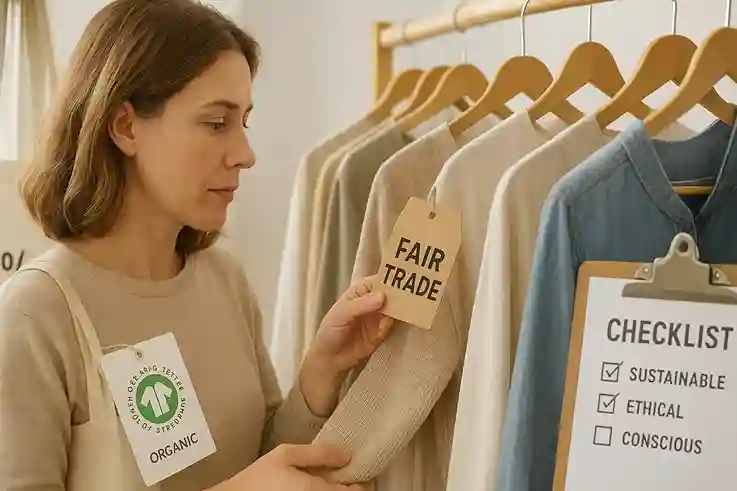 Identifying Ethical and Sustainable Clothing Shopper examining clothing tags showing Fair Trade, GOTS, and B Corp certifications and eco-friendly fabrics.