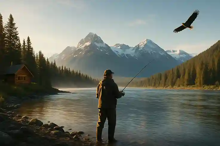 Angler fishing in Alaska during summer with river, mountains, and lodge in the background, showcasing a classic Alaska fishing trip.
