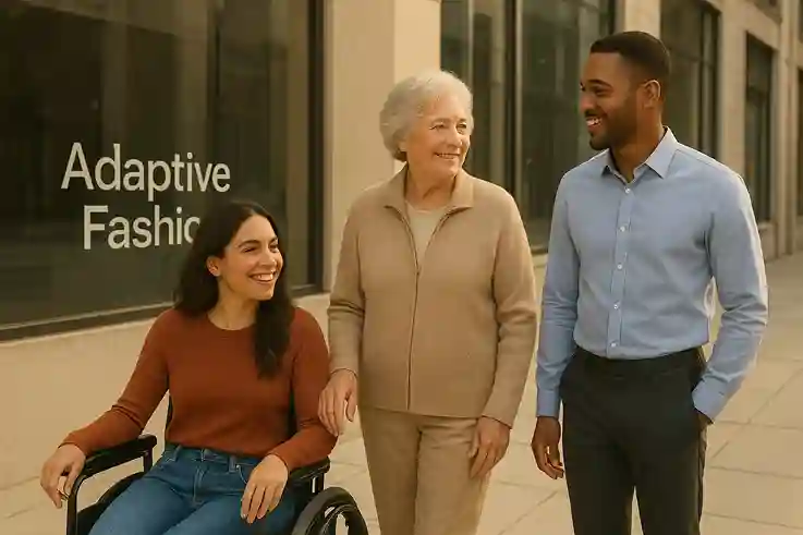 A diverse group of people wearing adaptive fashion, including a woman in a wheelchair, a senior in a cardigan, and a young professional in a magnetic-closure shirt, standing together on a modern city street.
