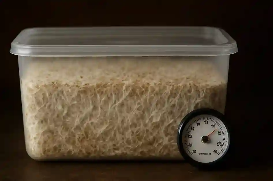 Incubation and Mycelium Growth Stage Substrate fully colonized by white mushroom mycelium in a controlled indoor setup