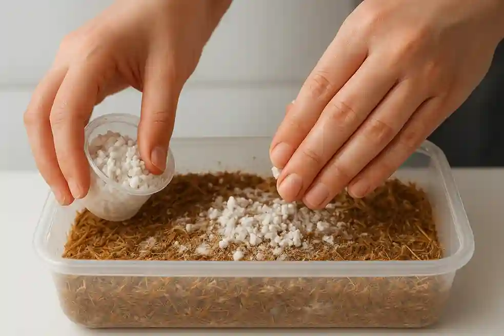 Inoculating Mushrooms with Spores or Spawn Hands spreading mushroom spawn over prepared substrate in a clean container