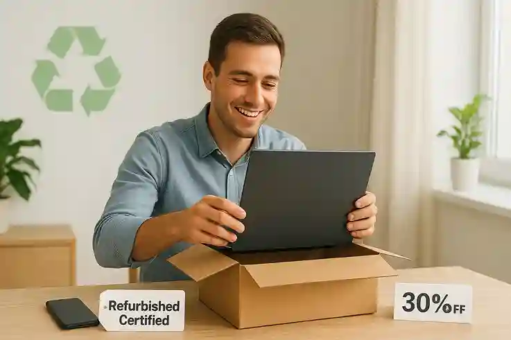 Is Refurbished Tech Worth It – Key Pros of Refurbished Devices A smiling professional unboxing a refurbished laptop with a certified tag, symbolizing savings and eco-friendliness – Is Refurbished Tech Worth It.
