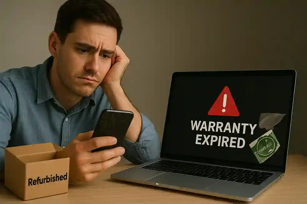 Is Refurbished Tech Worth It – Main Cons to Consider A disappointed buyer holding a scratched refurbished phone with warranty expired warning – questioning Is Refurbished Tech Worth It.