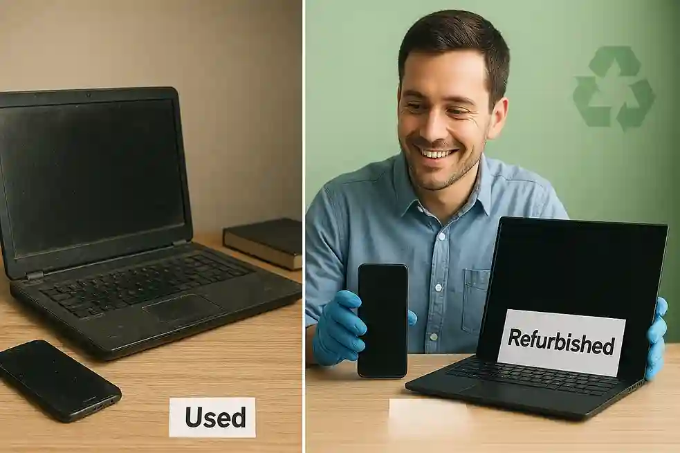 Is Refurbished Tech Worth It – Understanding Refurbished Devices A technician repairing a laptop and phone side by side, illustrating the process behind refurbished devices – Is Refurbished Tech Worth It.