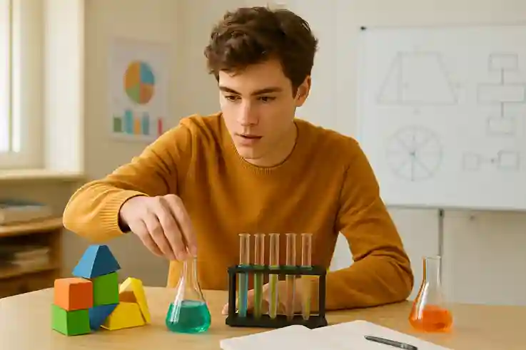 College student studying as a kinesthetic learner, using hands-on experiments and models to unlock learning potential.