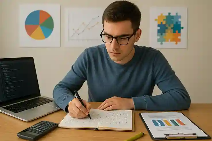 Student studying as a logical learner, analyzing data and solving problems to unlock learning potential.