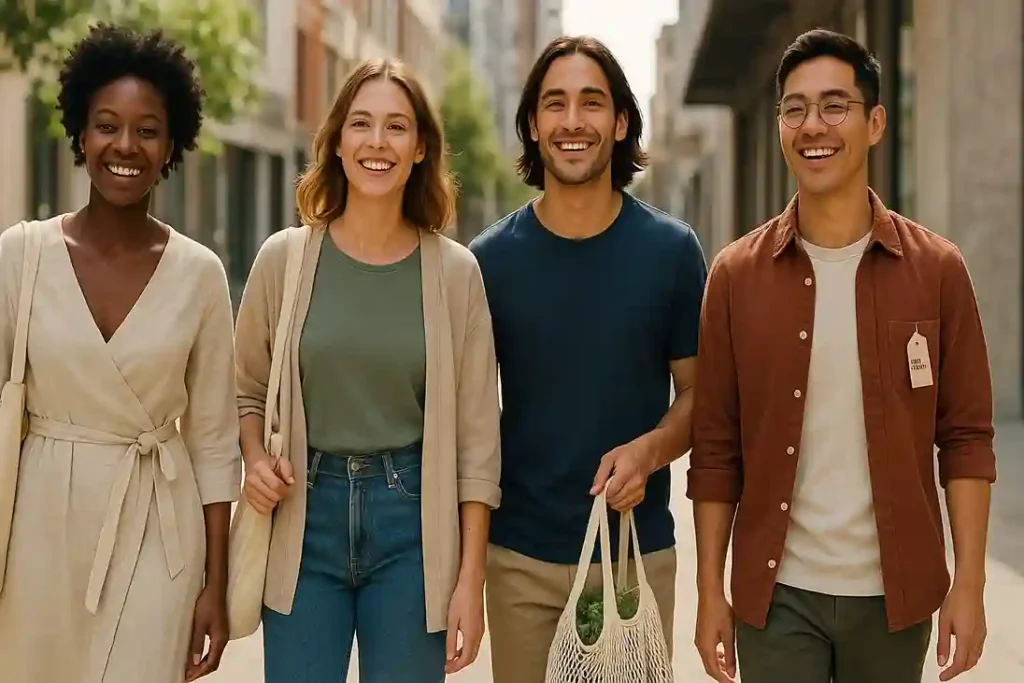 Diverse group of young adults wearing ethical fashion clothing outdoors, showcasing eco-friendly, fair trade fabrics and conscious style.