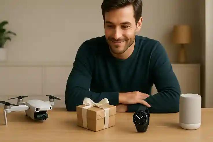 Luxury Tech Gadgets as Premium Gifts for Men High-end drone, premium smartwatch, and smart home setup on a table with a gift box and a man seated behind, representing luxury tech gifts for men.