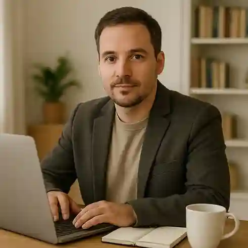 Michael Reyes, an author in his mid-30s with short dark brown hair and a warm, thoughtful expression. He is seated at a desk with a laptop, notebook, and coffee cup, in a bright modern setting with plants and bookshelves that suggest creativity and intellect.