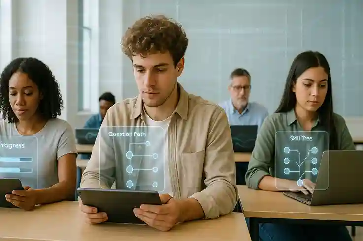 Students and professionals using adaptive learning tools in a tech-enhanced setting with personalized progress screens.