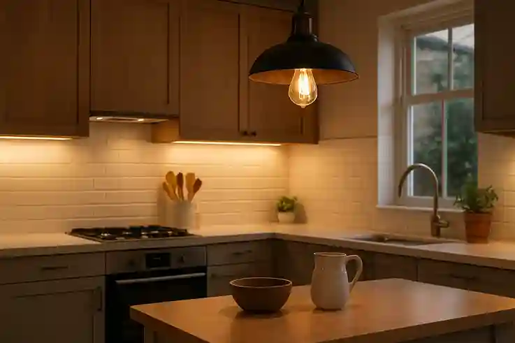 Modern Budget Kitchen with Warm Layered Lighting Modern kitchen with under-cabinet LED lights, vintage pendant lighting, and a cozy, softly lit island area.