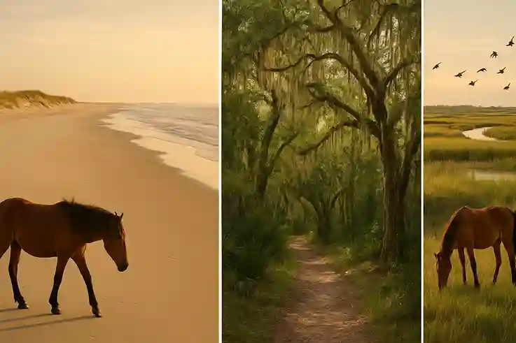 Split-screen view of Cumberland Island showing untouched beaches, dunes and salt marshes, maritime forests, and wild horses grazing.