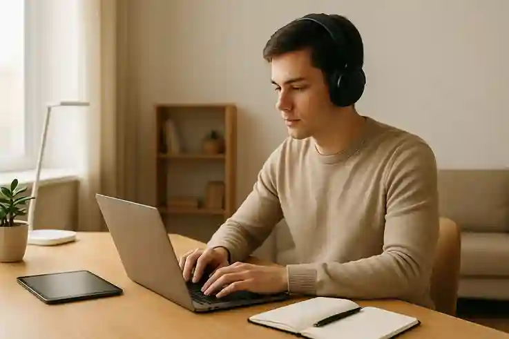 Noise-Cancelling Headphones for Focus A student wearing noise-cancelling headphones, one of the best study gadgets, while focusing on a laptop in a bright study space.