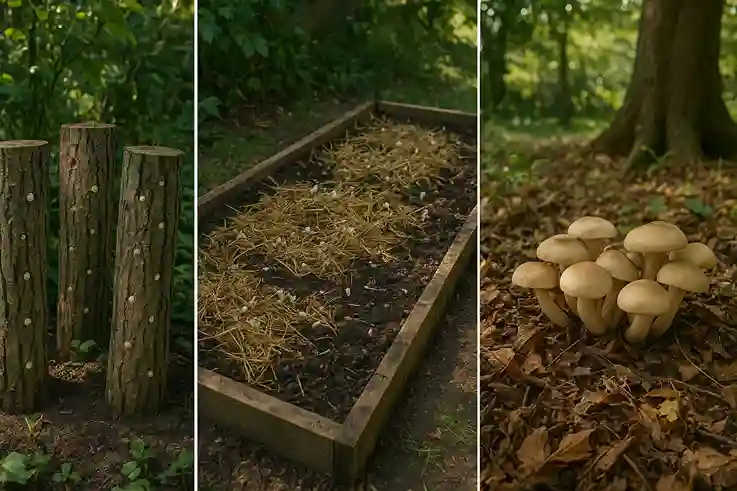 Outdoor Mushroom Growing Methods for Beginners Beginner-friendly outdoor mushroom growing methods including logs, soil beds, and shaded areas