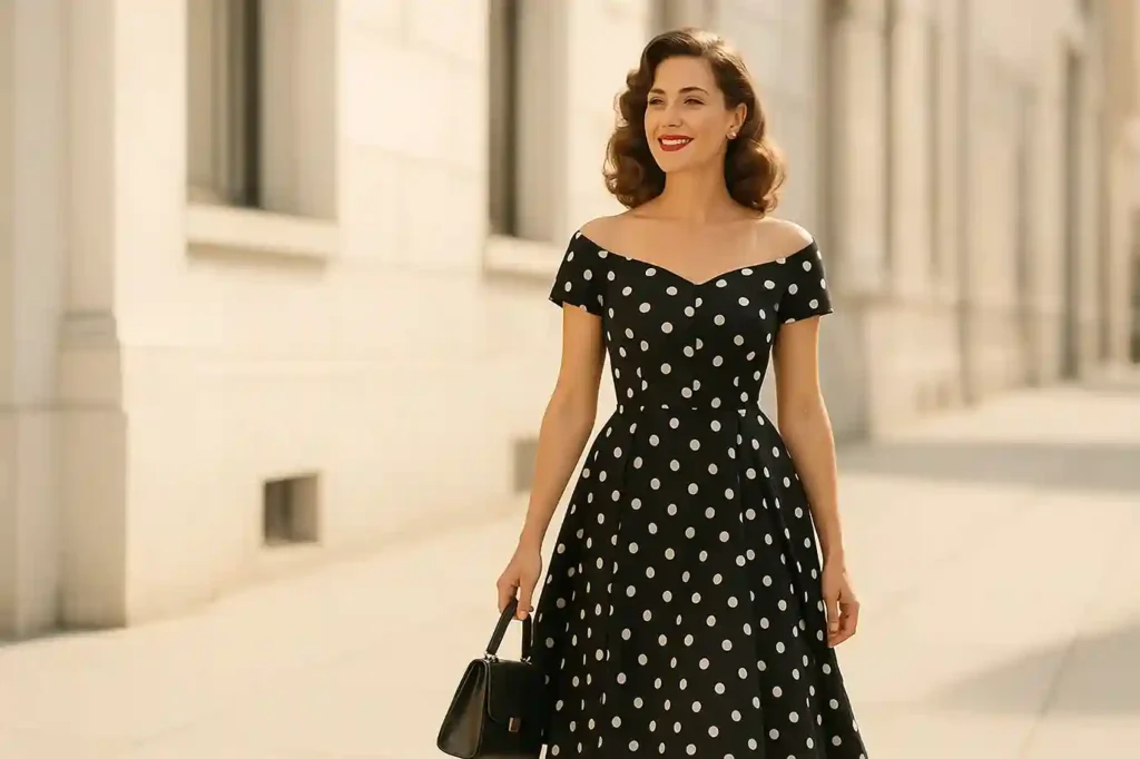 A fashionable woman in a retro polka dot dress with vintage and modern design elements blending in the background.