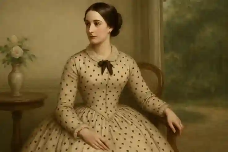 19th-century lady in an elegant polka dot dress, standing in a softly lit parlor with refined décor, symbolizing early fashion history.