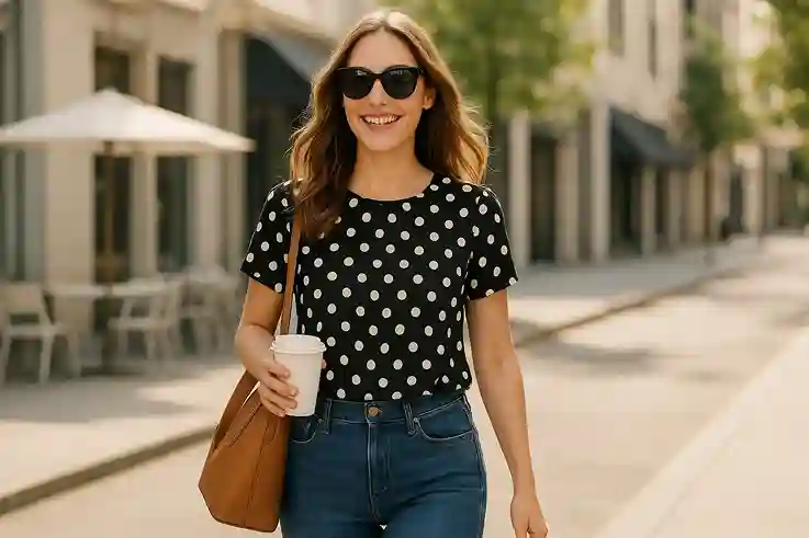 A young woman in a casual polka dot outfit enjoys a sunny day in the city, showcasing how polka dots fit into everyday fashion.